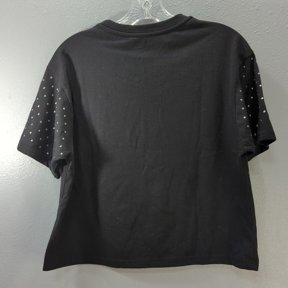 AC/DC Women's Size Large Black Studded Sleeve Leopard Print Cropped T‎ Shirt 496 - Picture 4 of 7